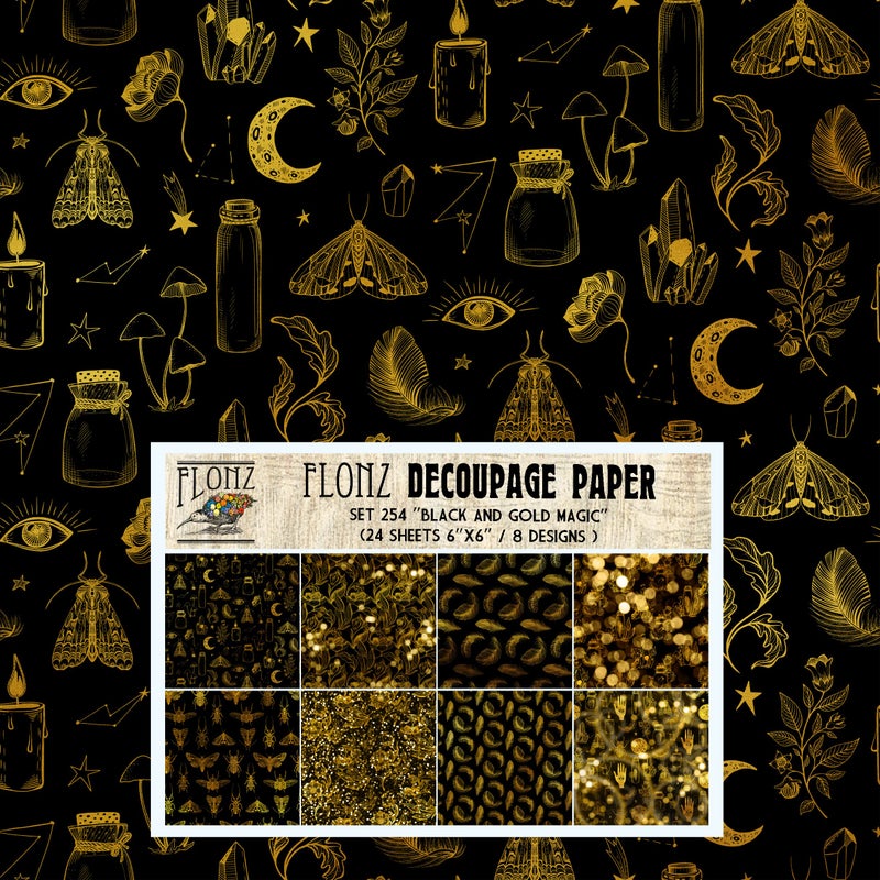 Decoupage Paper Pack (24 Sheets 6"x6") Black and Gold Magic # Vintage Styled Pattern Paper for Decoupage, Craft and Scrapbooking