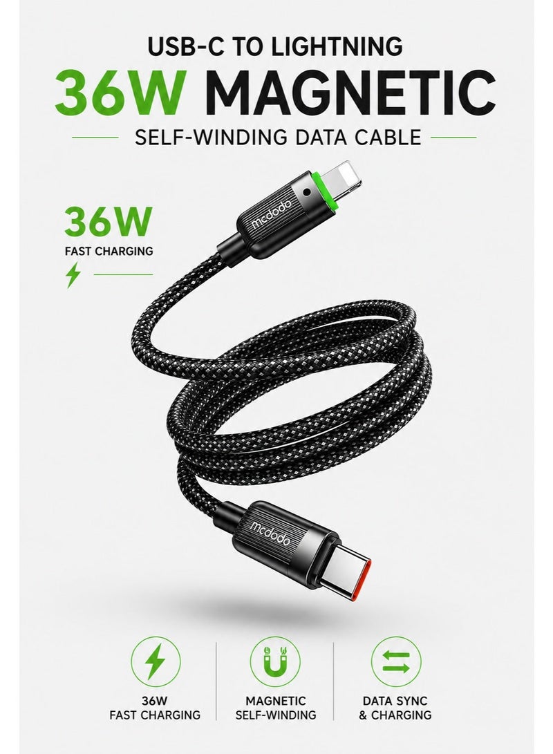 مكدودو كابل آيفون USB-C إلى لايتنينج مغناطيسي ذاتي اللف 36 واط 1.2 متر من ماكدودو – كابل شحن سريع بتقنية PD متوافق مع iPhone وiPad وAirPods – أسود - Image 1