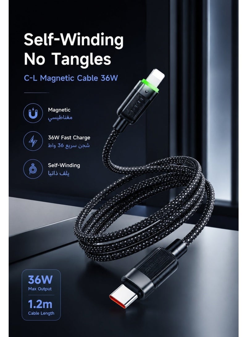 مكدودو كابل آيفون USB-C إلى لايتنينج مغناطيسي ذاتي اللف 36 واط 1.2 متر من ماكدودو – كابل شحن سريع بتقنية PD متوافق مع iPhone وiPad وAirPods – أسود - Image 2