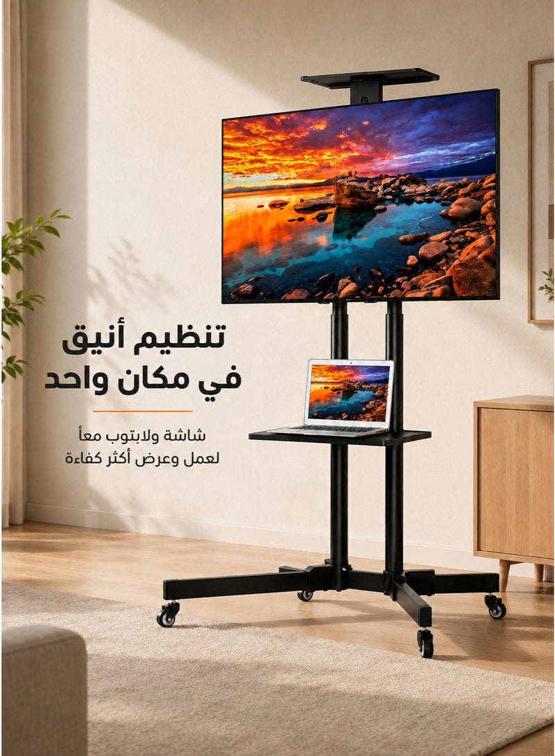 ستاند تلفزيون أرضي متنقل بعجلات (32-75 بوصة) - ارتفاع قابل للتعديل، شديد التحمل (50 كجم)، بدون حفر مع رف تخزين - Image 5
