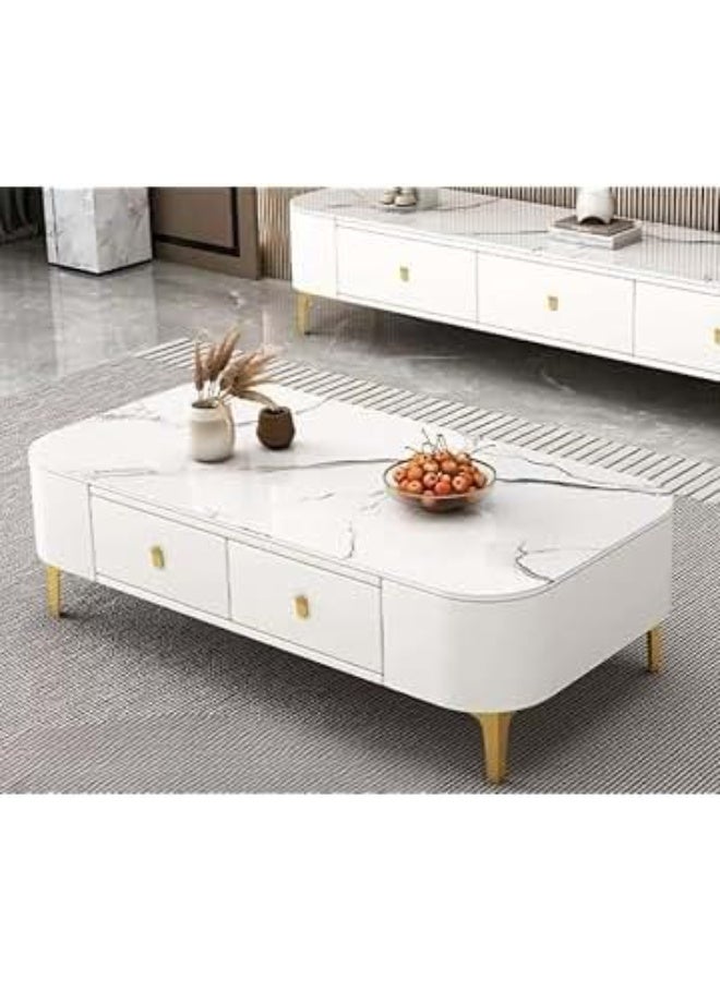 Modern Simple Style Single White Rectangular Rock Top Board Game Coffee Table with 4 Legs, 2 Drawers - Image 4