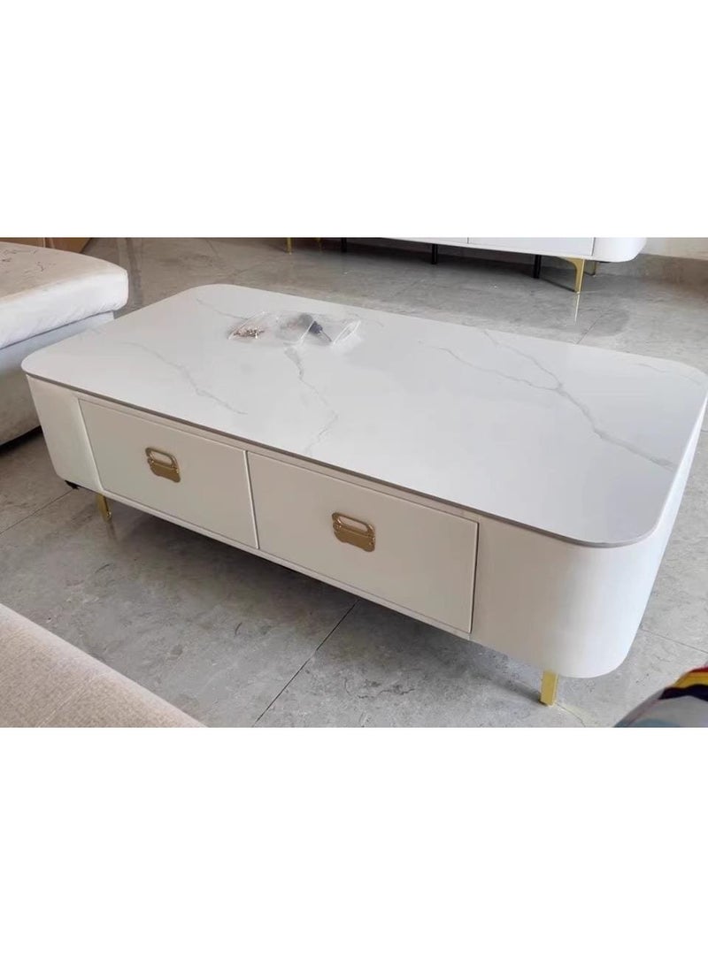 Modern Simple Style Single White Rectangular Rock Top Board Game Coffee Table with 4 Legs, 2 Drawers - Image 2