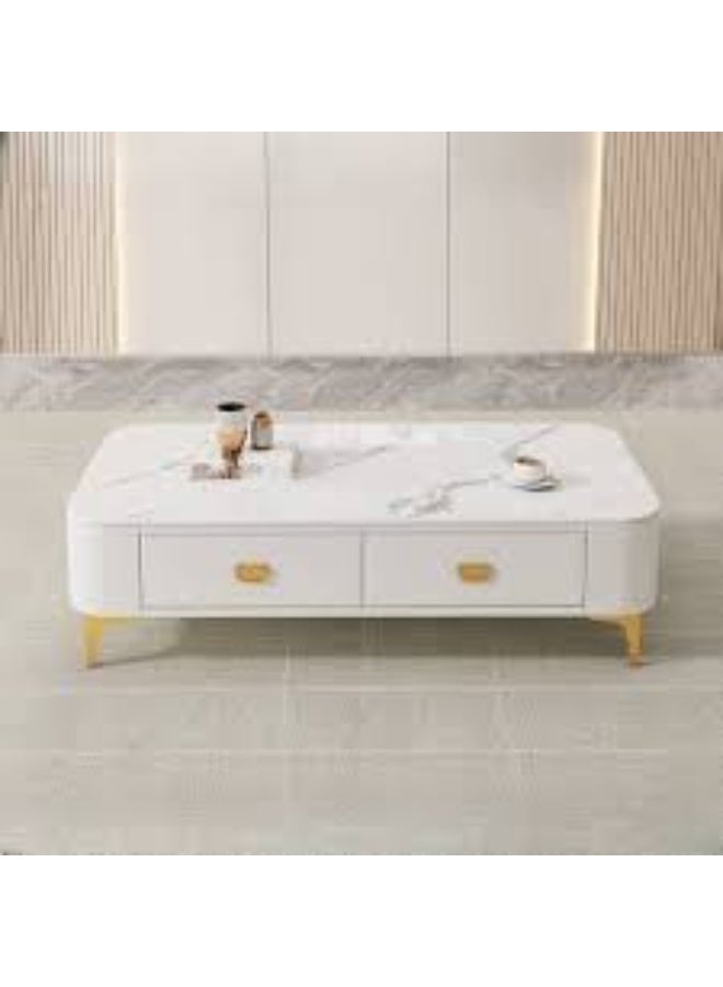 Modern Simple Style Single White Rectangular Rock Top Board Game Coffee Table with 4 Legs, 2 Drawers - Image 3