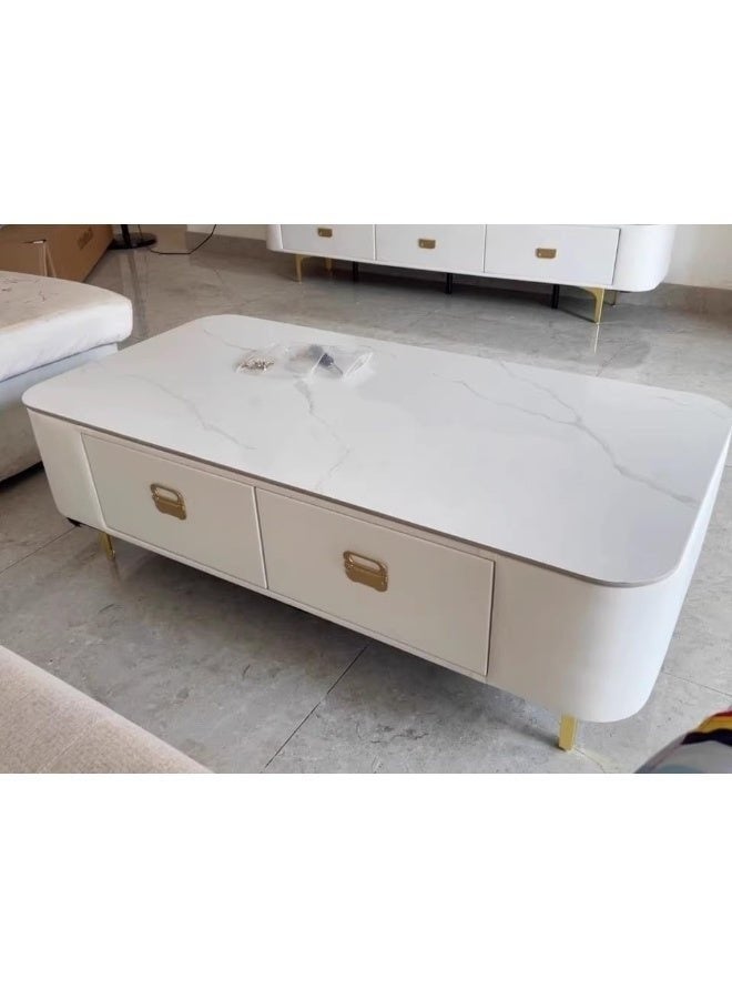 Modern Simple Style Single White Rectangular Rock Top Board Game Coffee Table with 4 Legs, 2 Drawers - Image 1