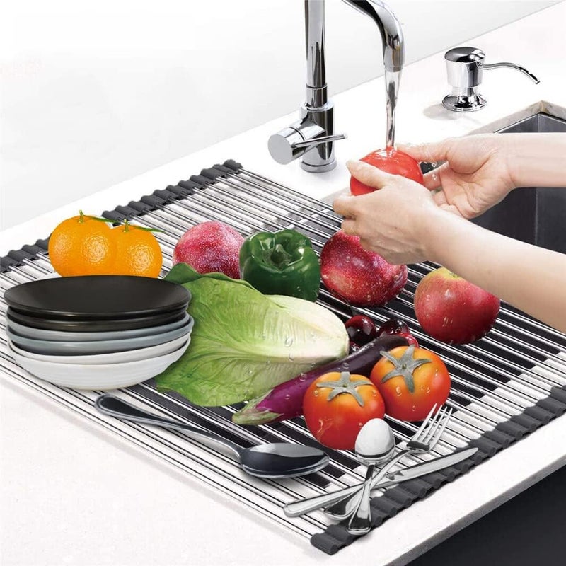SCILLA Foldable Drain Rack Kitchen Sink Shelf Stainless Steel Multi Function Roll Up Dish Drying Folding Wash Drainer Tray Steel Roll-Up Crockery Vegetable Utensils Rack, Fruit Stand(Multicolor) - Image 1