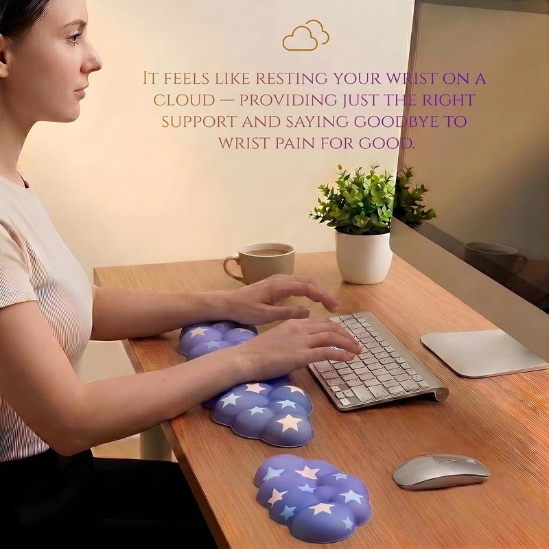 LJYZMD Cloud Wrist Rest Set for Keyboard and Mouse, Includes Cute Coaster, with Computers and Laptops (Gradient Purple Colorful Star Set) - Image 2