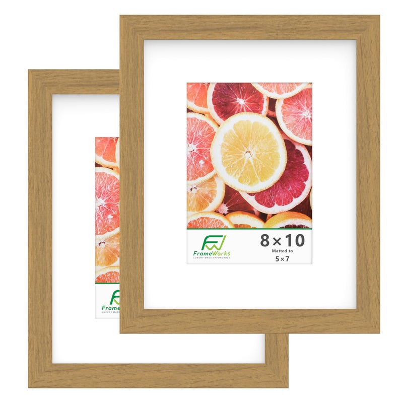 FrameWorks 2Pack 8x10 Matted to 5x7 Picture Frame Golden Oak  Classic Wooden Photo Frame with Tempered Glass Modern Matte Finish for Prints Posters Certificates  Wall Decor  GalleryReady