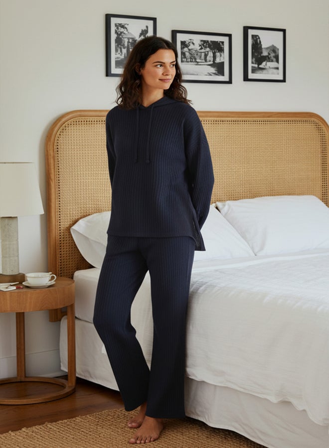 trendyol Navy Blue Hooded Ribbed Knitted Pajama Set - Image 1