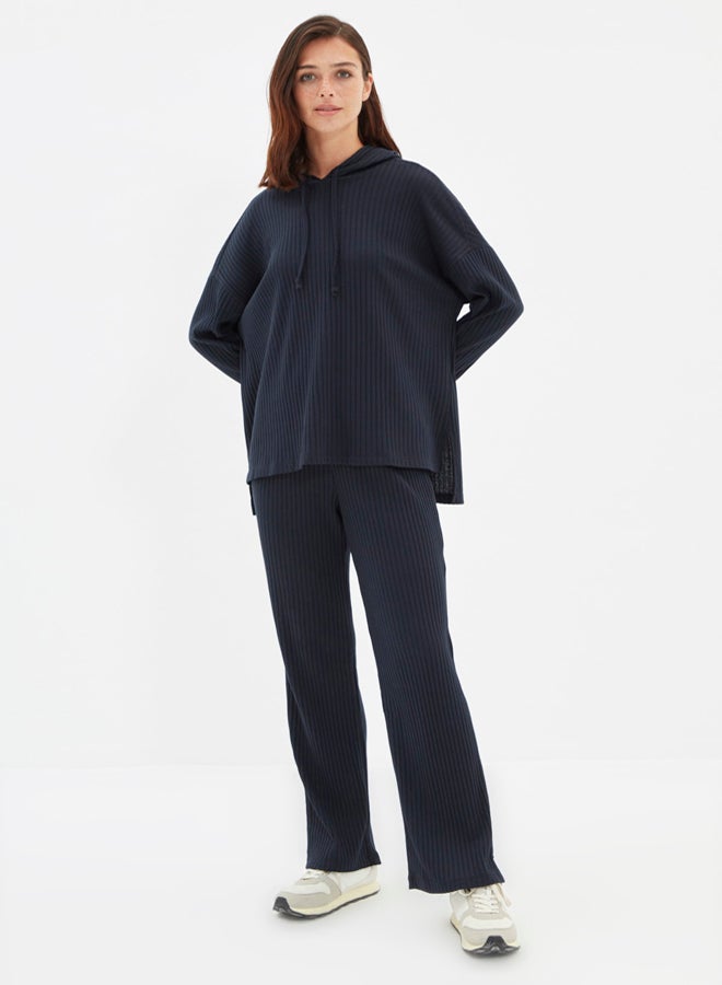 trendyol Navy Blue Hooded Ribbed Knitted Pajama Set - Image 2