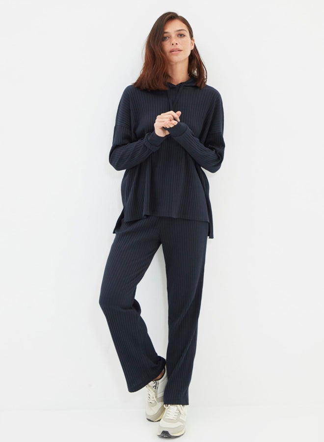 trendyol Navy Blue Hooded Ribbed Knitted Pajama Set - Image 4