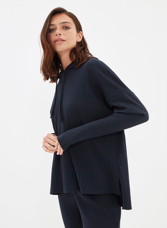 trendyol Navy Blue Hooded Ribbed Knitted Pajama Set - Image 3