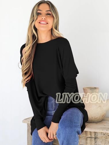 LIYOHON Oversized T Shirts for Women Tunic Tops to Wear with Leggings Long Sleeve Fall Sweaters Dressy Tops Black-L - Image 2