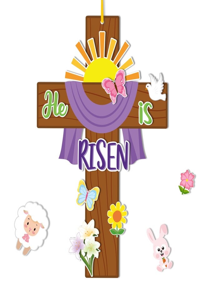 Haooryx 28 Pack Easter He is Risen Cross Craft Kit, Make Your Own Jesus Resurrection Cross Hanging Ornaments Thankful Craft for Church Sunday School Classroom Christian Easter Day Party Supply - Image 1