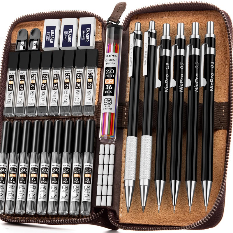 Nicpro 33PCS Black Metal Mechanical Pencil Set in Leather Case Art Drafting Pencil 03 05 07 09 mm 2mm Lead Holders for Sketching Drawing With 18 Tube 6B 4B 2B HB 2H 4H Colors Lead Refills - Image 2