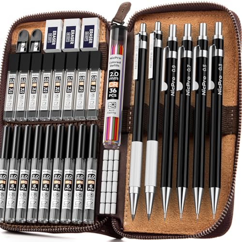 Nicpro 33PCS Black Metal Mechanical Pencil Set in Leather Case Art Drafting Pencil 03 05 07 09 mm 2mm Lead Holders for Sketching Drawing With 18 Tube 6B 4B 2B HB 2H 4H Colors Lead Refills - Image 1