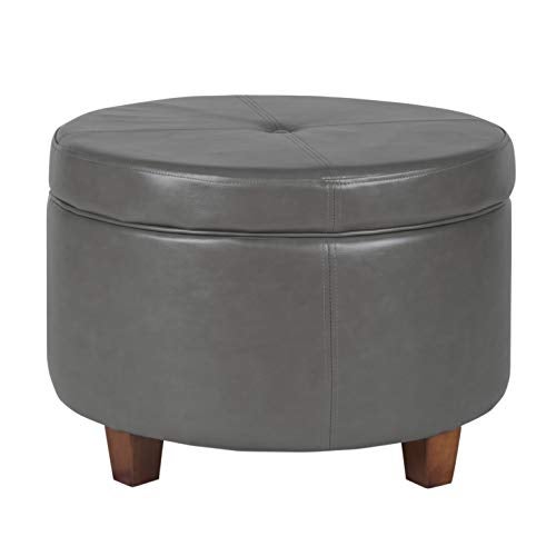 أوتومان تخزين دائري من الجلد الصناعي مع غطاء رمادي فحمي كبير