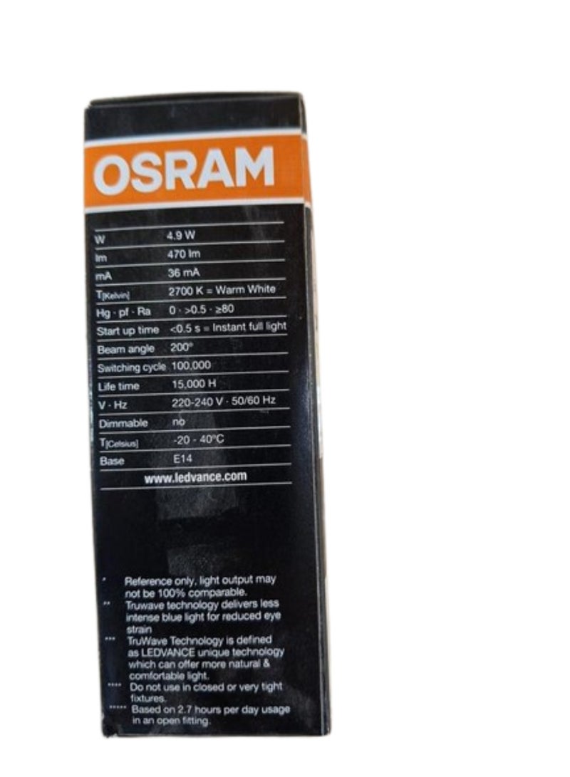 Osram Osram LED Value E14 Classic B40 4.7W 2700K Warm White Frosted Non-Dimmable Energy-Saving LED Bulb  - Image 2