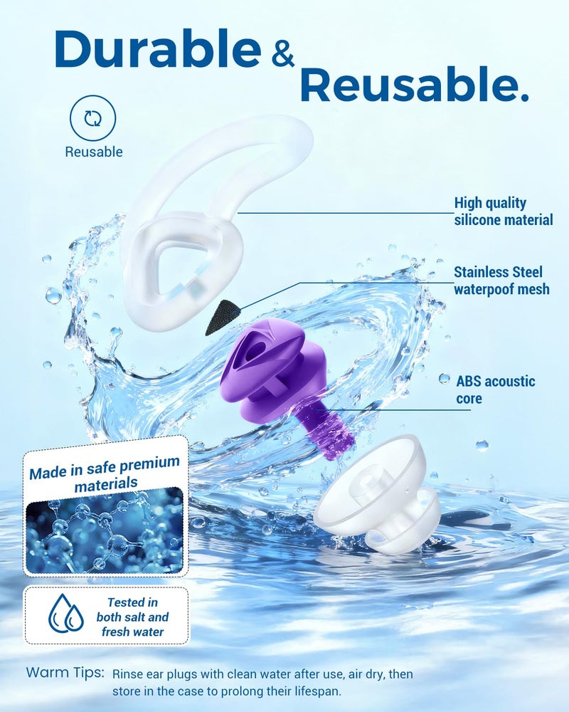 Hearprotek Ear Plugs for Swimmingâ€“2 Pairs Soft Silicone Reusable Waterproof Earplugs for Adults & Men Women, Custom Fit for Swimmers Ear, Pool, Beach, Snorkeling, Surfing, Kickboard Training(Purple) - Image 5