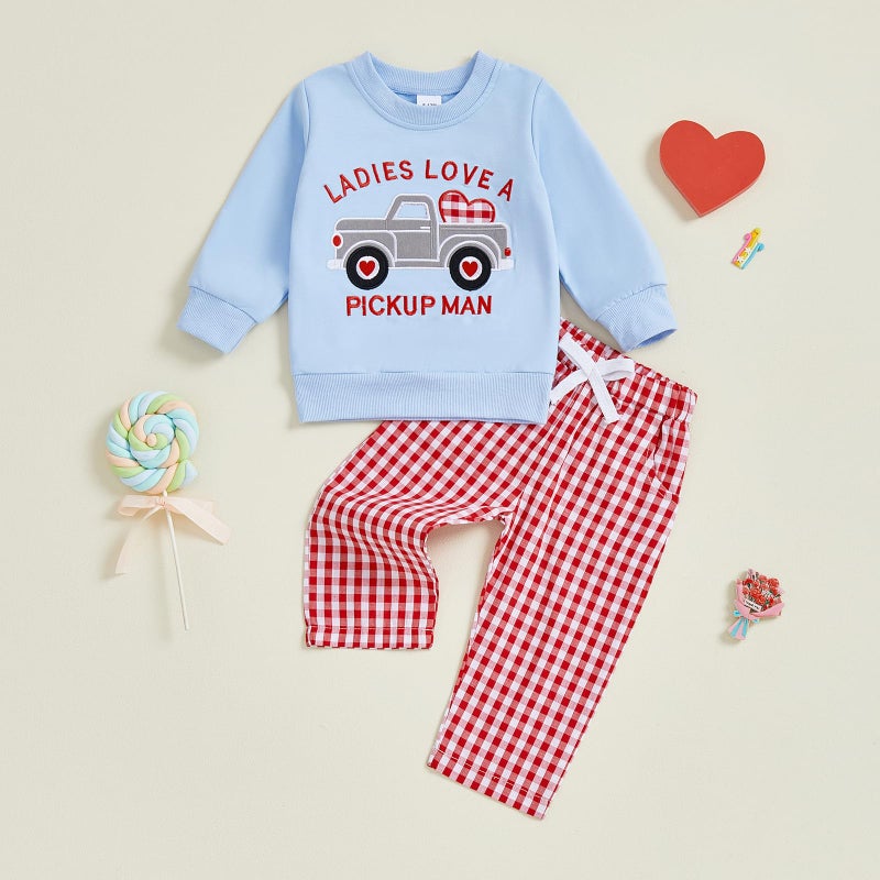 JLKGICF Toddler Boy Valentines Day Outfit Truck Heart Print Sweatshirt Plaid Pants Set Baby Girl Boy Love Clothes (Blue Truck Heart, 12-18 Months) - Image 3