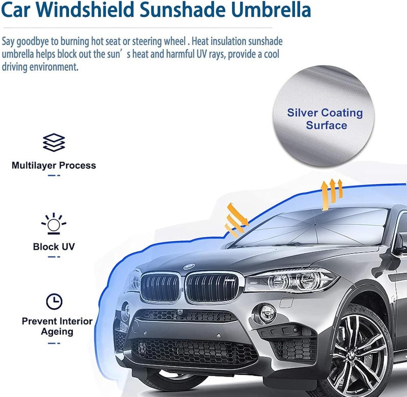 TRADEGATE Car Windshield Sunshade Umbrella, 145x79cm, Foldable UV Block Sun Visor, Silver Coating Surface, Black - Image 3