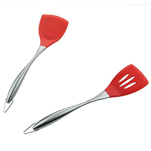 we3 Kitchen Spatula Set Multipurpose Solid Set of 2 and Slotted Spatulas - Nylon Utensils with Nonstick, 304(18/10) Stainless Steel Handle(Pack of : 1 Slotted + 1 Spatula) (Red Slotted+Spatula) - Image 1