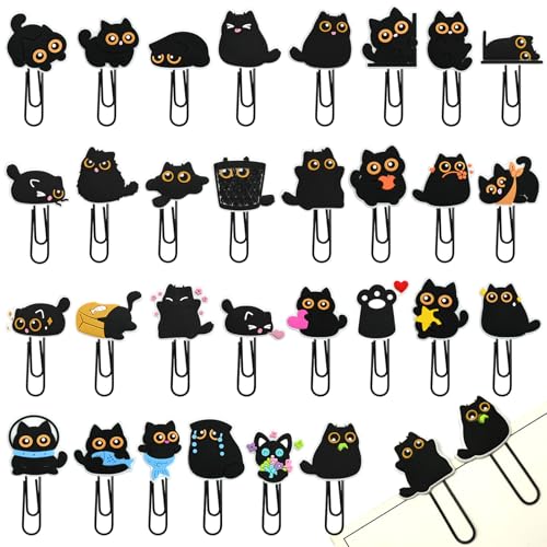 Ibuclein Cute Paper Clips, 30Pcs Black Cat Bookmark Paperclips Bulk Metal Fun Cute Cat Planner Clip Charms Clamp Desk Accessories Stationery Colorful Office Supplies Gifts for Student Teacher Party Decorative - Image 1