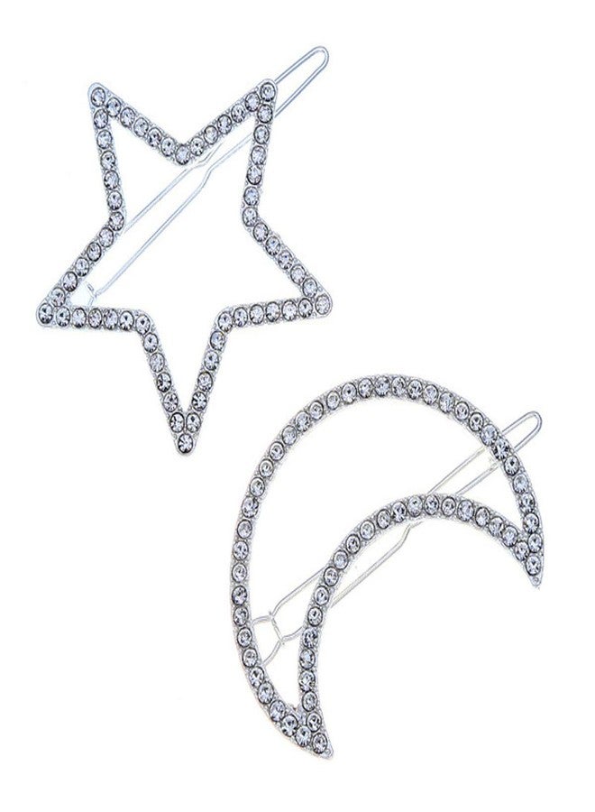 Teppylony 2 Pcs Silver Rhinestone Crystal Geometric Stars Moon Hair Clip Fashion Woman Hollow Side Clip Barrettes Hairpin Hair Accessories - Image 1