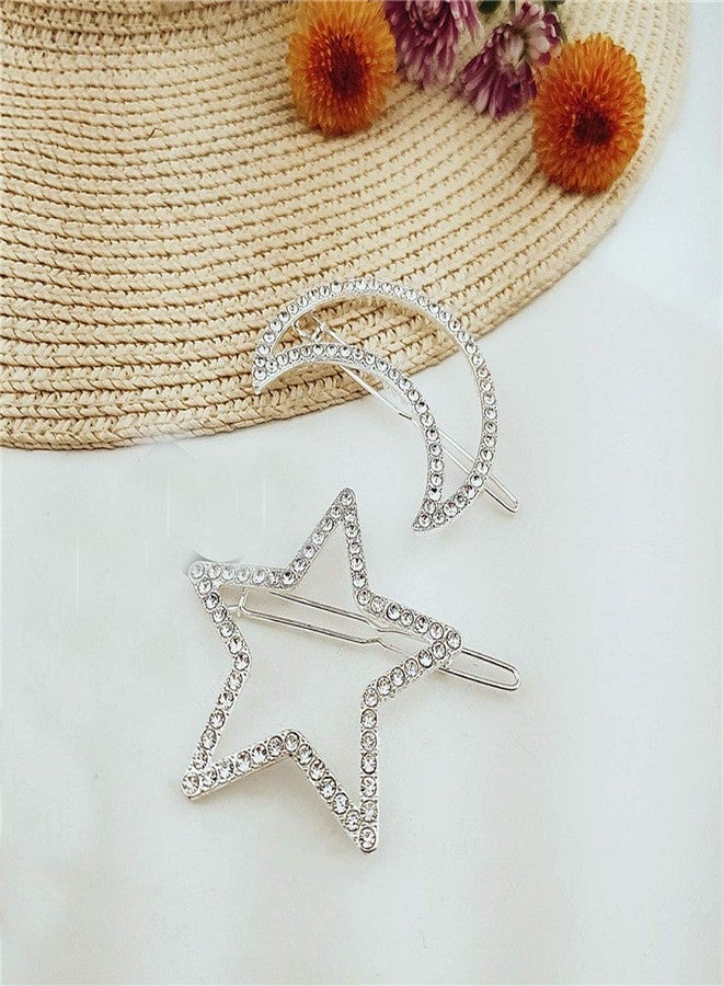 Teppylony 2 Pcs Silver Rhinestone Crystal Geometric Stars Moon Hair Clip Fashion Woman Hollow Side Clip Barrettes Hairpin Hair Accessories - Image 4
