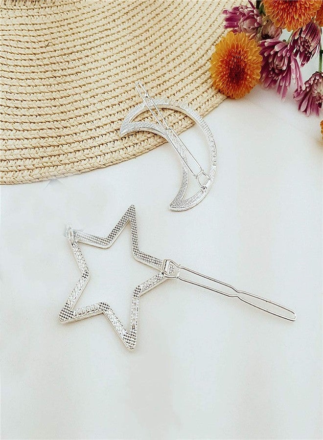 Teppylony 2 Pcs Silver Rhinestone Crystal Geometric Stars Moon Hair Clip Fashion Woman Hollow Side Clip Barrettes Hairpin Hair Accessories - Image 5