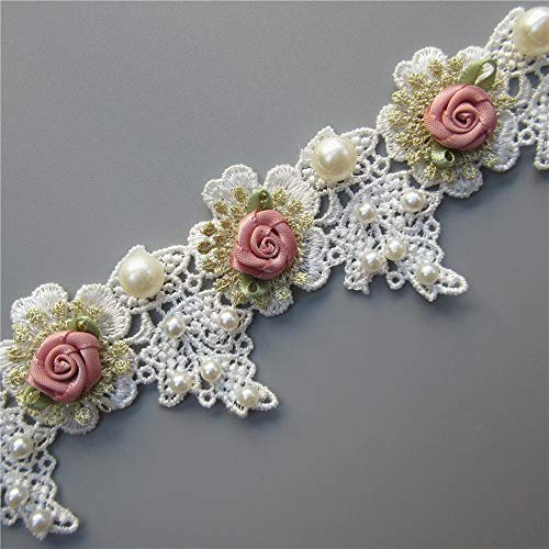 Milcraft 1 Yard Vintage Gold Pearl Rose Flowers Embroidered Lace Trim Fabric Floral Appliques Lace Ribbon Bridal Ornaments Handmade DIY Sewing Supplies Craft for Costume Hat Decoration 1.96" Wide - Image 1