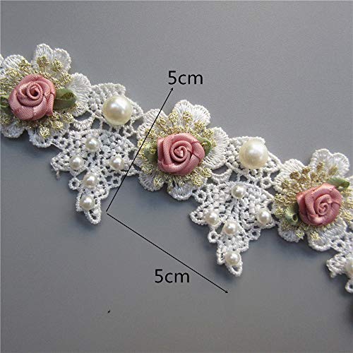 Milcraft 1 Yard Vintage Gold Pearl Rose Flowers Embroidered Lace Trim Fabric Floral Appliques Lace Ribbon Bridal Ornaments Handmade DIY Sewing Supplies Craft for Costume Hat Decoration 1.96" Wide - Image 4