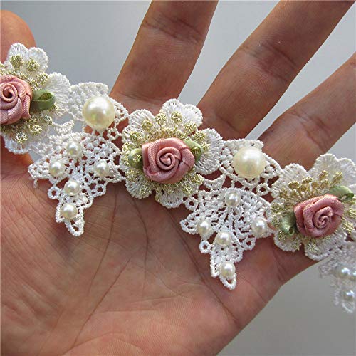 Milcraft 1 Yard Vintage Gold Pearl Rose Flowers Embroidered Lace Trim Fabric Floral Appliques Lace Ribbon Bridal Ornaments Handmade DIY Sewing Supplies Craft for Costume Hat Decoration 1.96" Wide - Image 3