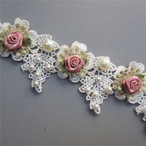 Milcraft 1 Yard Vintage Gold Pearl Rose Flowers Embroidered Lace Trim Fabric Floral Appliques Lace Ribbon Bridal Ornaments Handmade DIY Sewing Supplies Craft for Costume Hat Decoration 1.96" Wide - Image 2