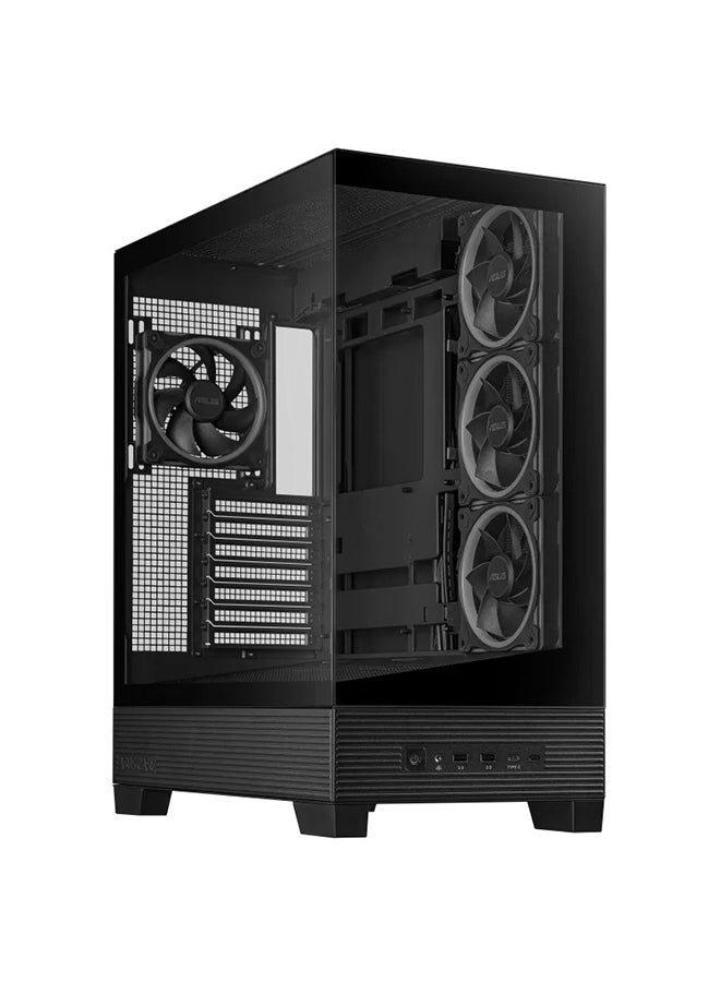 أسوس صندوق A31 PLUS ATX متوسط الحجم، متوافق مع لوحة BTF، واجهات زجاجية مقسّاة من الأمام والجانب، 4 مراوح ARGB 120mm مثبتة مسبقًا، يدعم مبرد 360mm، 2 فتحات 2.5"/3.5"، 7 فتحات توسيع، USB 3.2 Gen 2x2 Type-C، USB مزدوج 3.2 Gen1، إدارة كابلات 34mm، فلاتر غبار قابلة للإزالة، تصميم قاعدة بزاوية 8° لتحسين تدفق الهواء، أسود | 90DC00R0-B19000 - Image 3