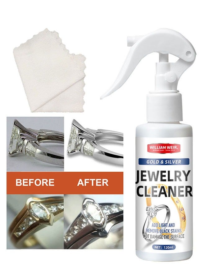 ويليام وير منظف مجوهرات مع منشفة، منظف صدأ لساعات المجوهرات، بخاخ مقاوم للاصفرار، رش سريع لتنظيف المجوهرات، محلول سائل منظف للمجوهرات 120 مل - Image 1
