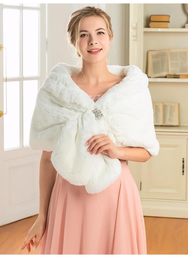 GORAIS - Women'S Wedding Faux Fur Shawls And Wraps Bridal Fur Scarf Stoles With Brooch For Bride And Bridesmaids (Us 16-22(L-2Xl), B White) - Image 1