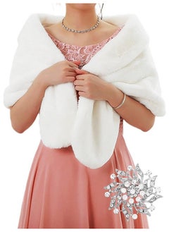Women'S Wedding Faux Fur Shawls And Wraps Bridal Fur Scarf Stoles With Brooch For Bride And Bridesmaids (Us 16-22(L-2Xl), B White)