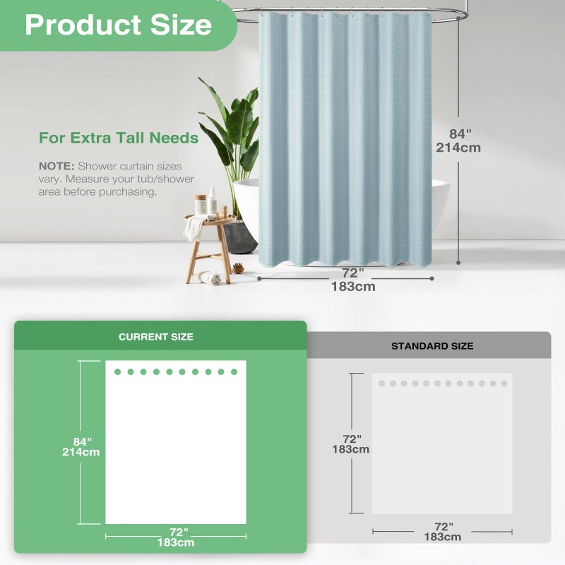 Dynamene Extra Long Shower Curtain - 84 Inch Long Fog Blue Waffle Weave Heavy Duty Fabric Bathroom Shower Curtain, Neutral Weighted Hotel Thick Bath Curtain Set with 12 Plastic Hooks,72x84, Fog Blue - Image 3