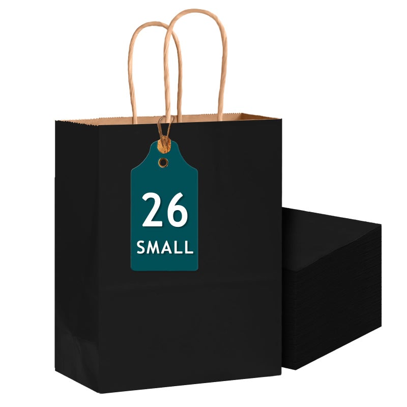 Bakepacker 26-Pack Small Size Gift Paper Bags with Handles Bulk 8.3"x6"x3.15" Black Party Kraft Shopping Bags - Image 1