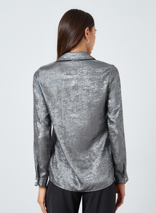 تايك تو بلوزة سادة بتفاصيل بارزة الملمس وأكمام طويلة - Image 4