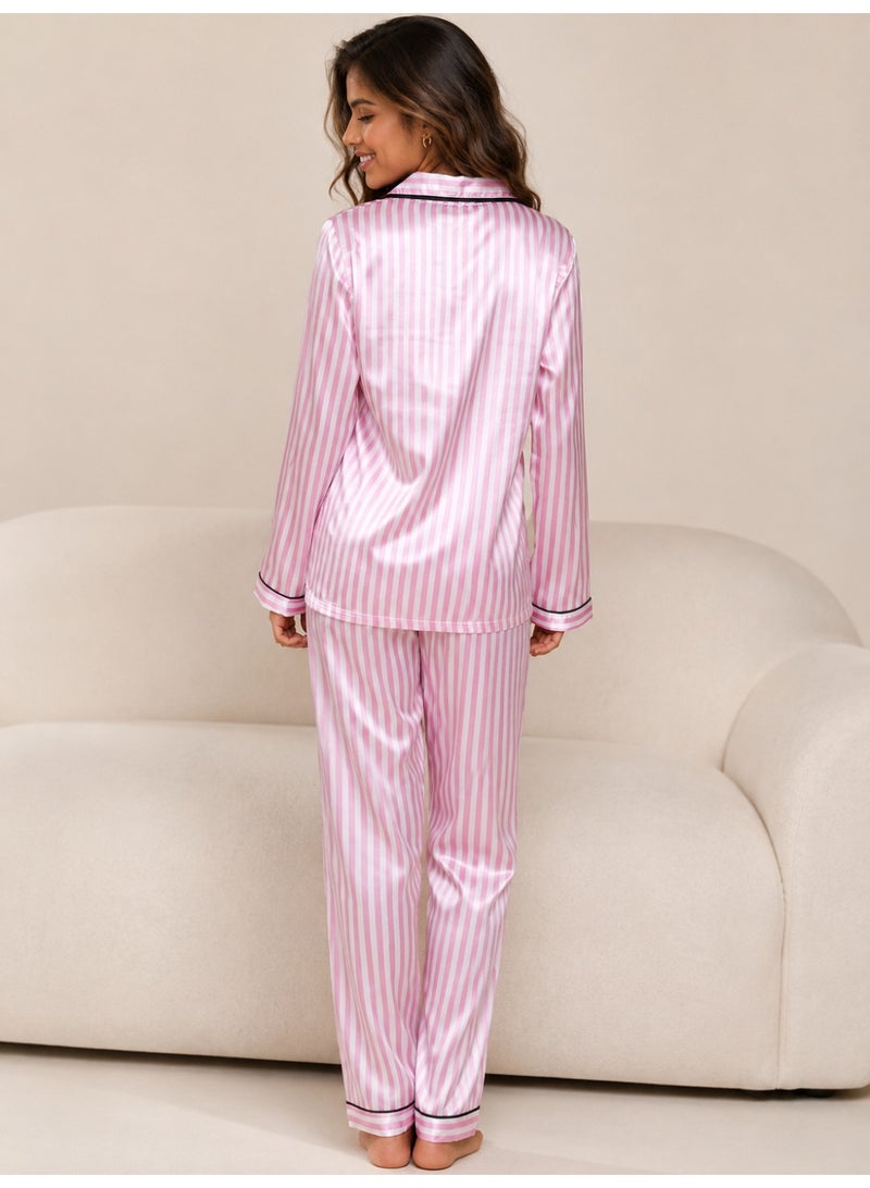 Women’s Cooling Satin-Like Pajama Set, Long Sleeve Button Shirt & Pants, Pink Striped Sleepwear - Image 5