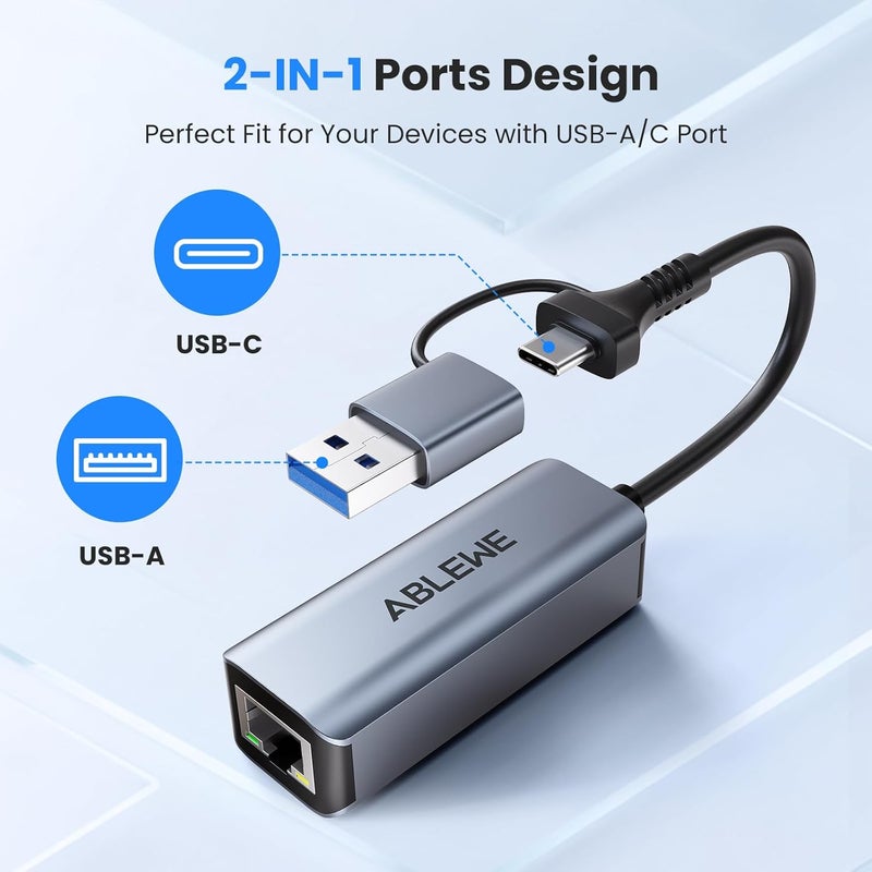 ABLEWE USB to Ethernet Adapter, USBC/USB 3.0 to RJ45 Gigabit LAN (1000Mbps) Network Adapter, Compatible with MacBook/Pro/Air, iPhone 15/16 Pro, iPad Pro, Surface Pro, Windows11/10/8, MacOS, Chromebook - Image 2