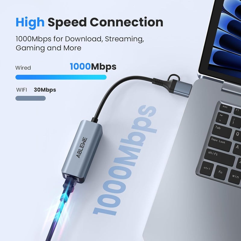 ABLEWE USB to Ethernet Adapter, USBC/USB 3.0 to RJ45 Gigabit LAN (1000Mbps) Network Adapter, Compatible with MacBook/Pro/Air, iPhone 15/16 Pro, iPad Pro, Surface Pro, Windows11/10/8, MacOS, Chromebook - Image 3