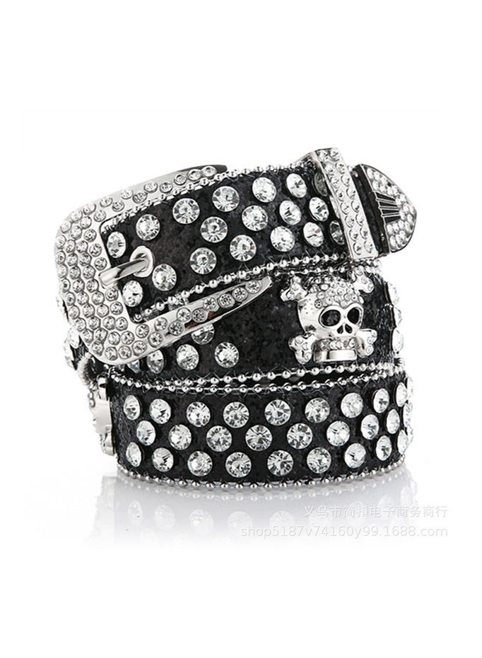 Punk Skull Rhinestone Belt, Men Women Bling Pin Buckle Belt, Hip Hop Western Cowboy Decorative Belt - Image 2