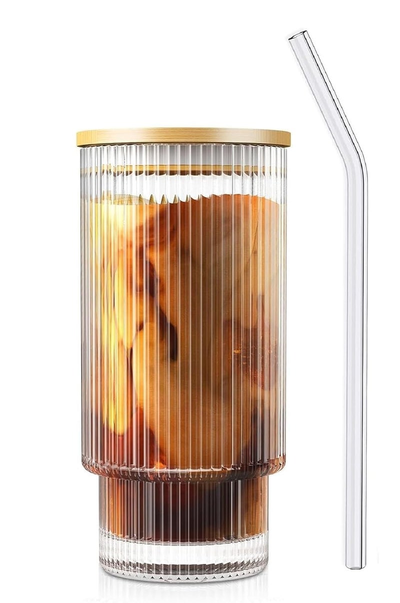 daesgesage Ribbed Drinking Glasses Tumbler Set of 1 with Bamboo Lids and Straws Clear Fluted Textured Vertical Stripe Glass Sipper Iced Coffee Cups for Beer Cocktail Beverage Lining 400 ML - Image 1