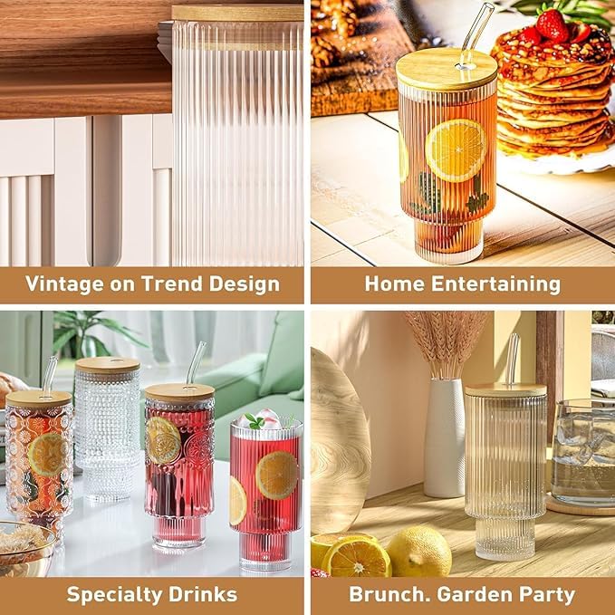daesgesage Ribbed Drinking Glasses Tumbler Set of 1 with Bamboo Lids and Straws Clear Fluted Textured Vertical Stripe Glass Sipper Iced Coffee Cups for Beer Cocktail Beverage Lining 400 ML - Image 3
