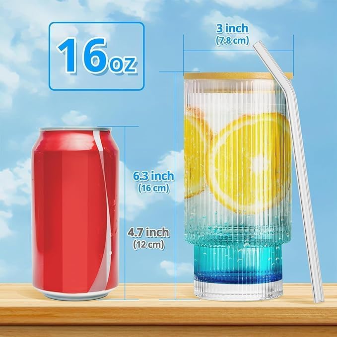 daesgesage Ribbed Drinking Glasses Tumbler Set of 1 with Bamboo Lids and Straws Clear Fluted Textured Vertical Stripe Glass Sipper Iced Coffee Cups for Beer Cocktail Beverage Lining 400 ML - Image 5