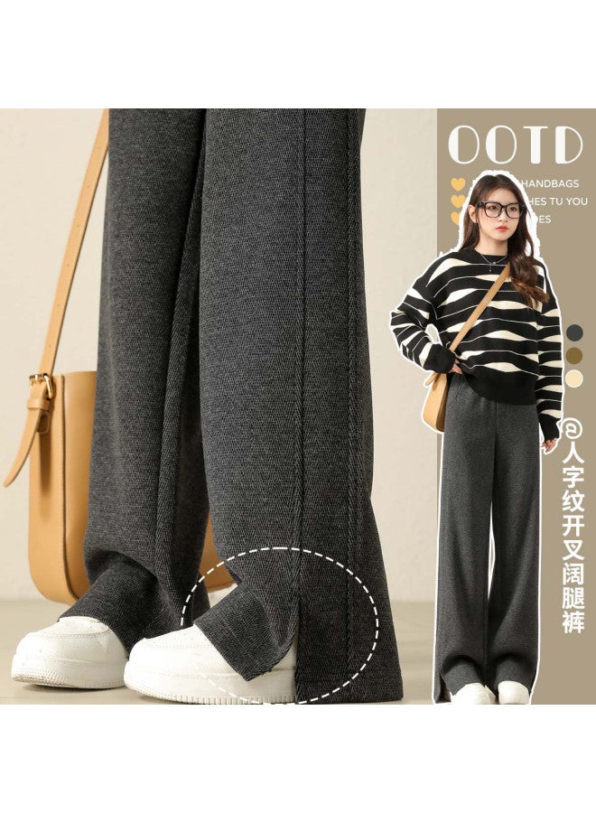 Hstyle women's Wide-leg Herringbone Pants - Winter Edition, Thickened Straight Wool Trousers For A Slimming Casual Look - Image 2