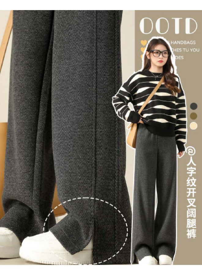Hstyle women's Wide-leg Herringbone Pants - Winter Edition, Thickened Straight Wool Trousers For A Slimming Casual Look - Image 1