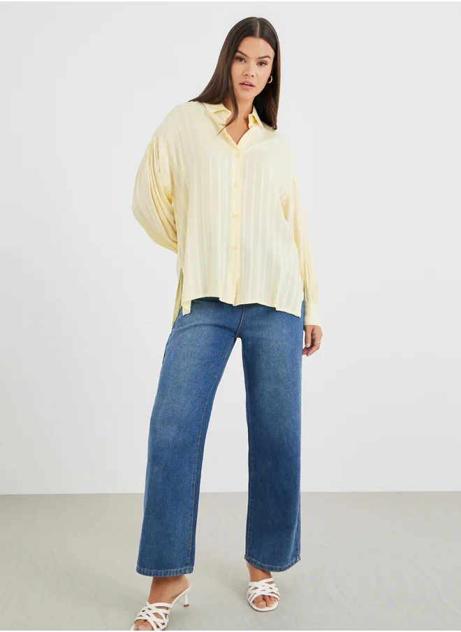 ستايلي Styli Striped Balloon Sleeve Spread Collar Shirt